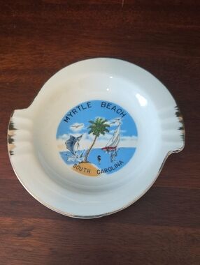 Vintage Myrtle Beach South Carolina Ceramic Ashtray - White with Blue Motif